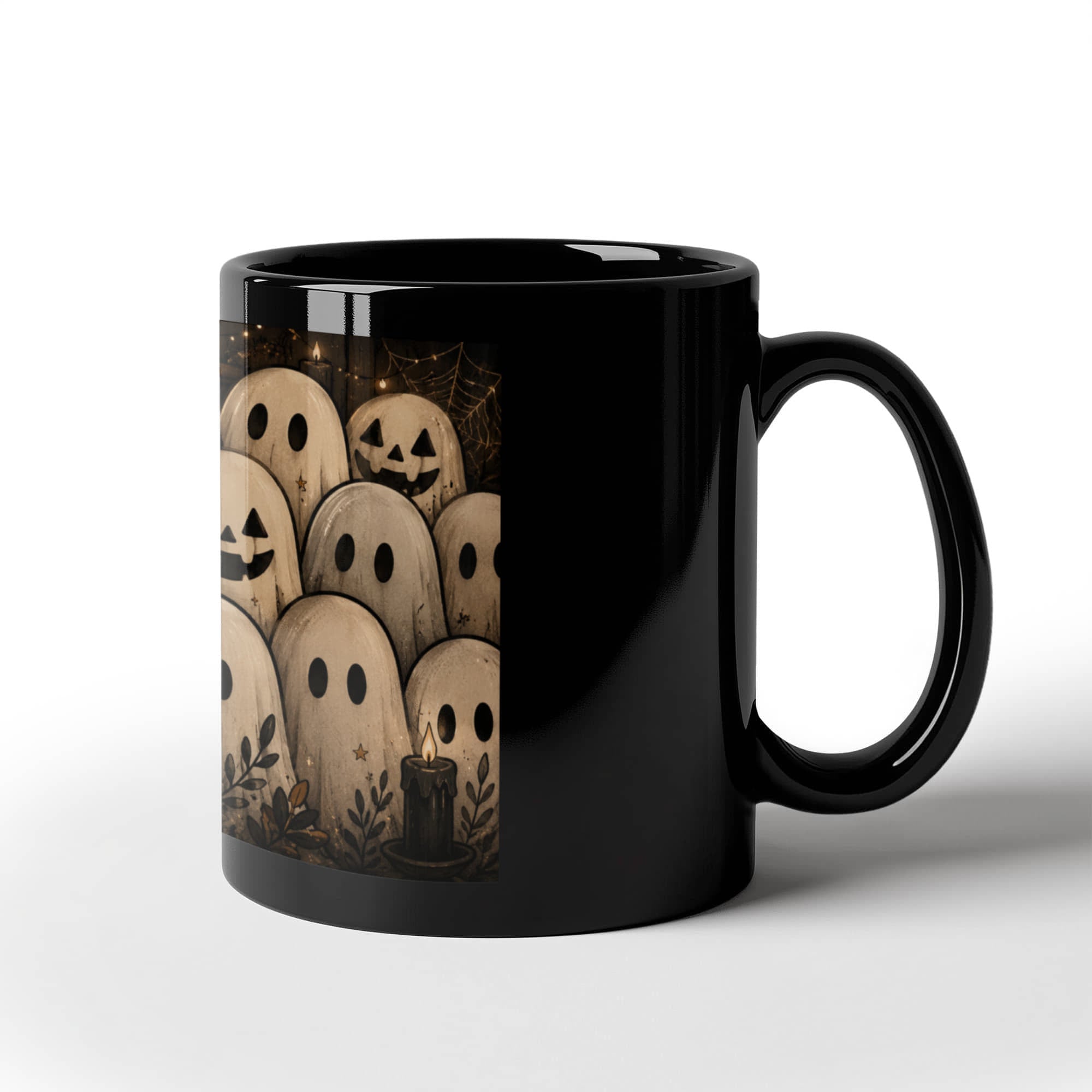 Black gothic coffee mug with ghost and a blackcat, cottagecore style