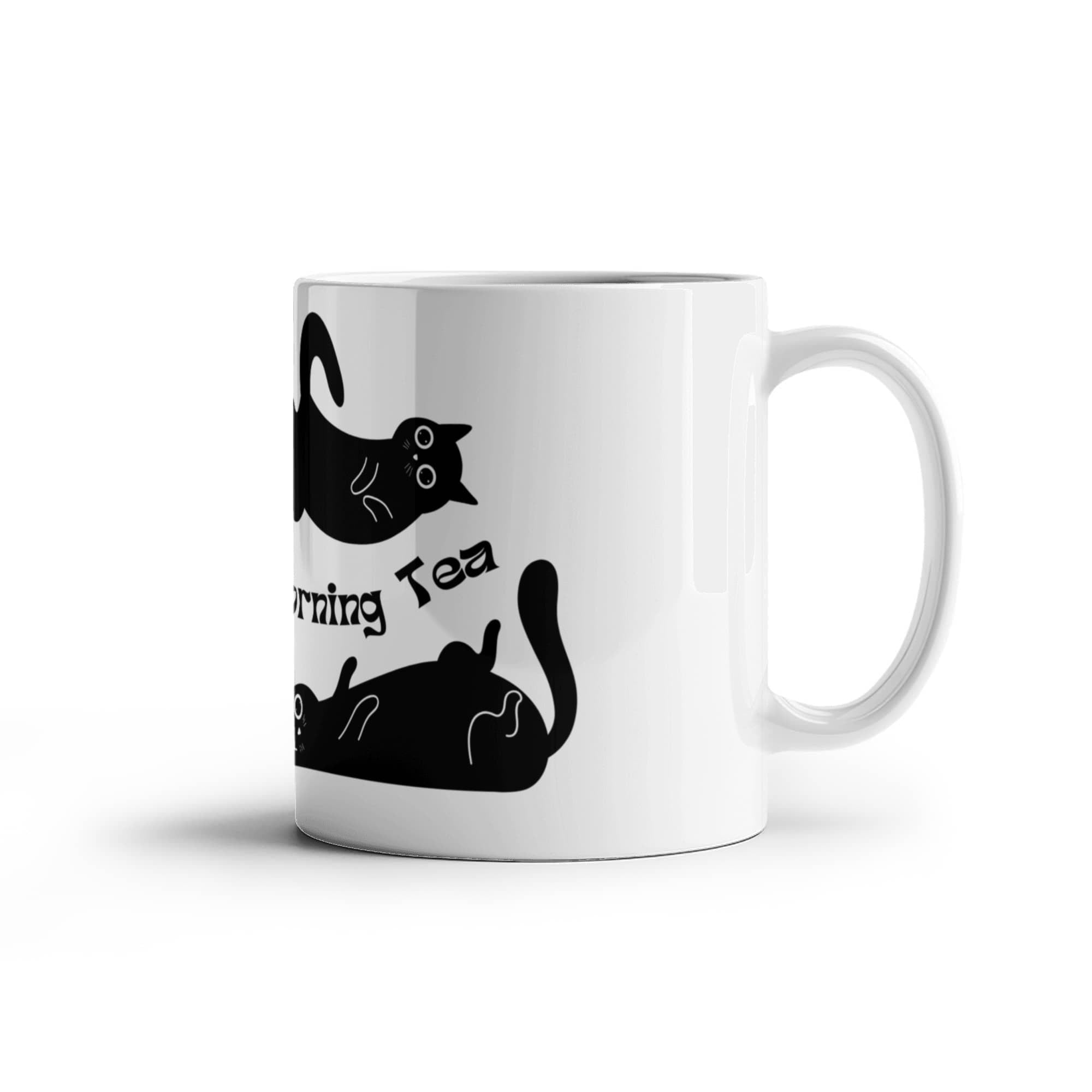 "Morning Tea" Black Cat Mug — Cute Stretching Cat Illustration Coffee Mug for Cat Lovers