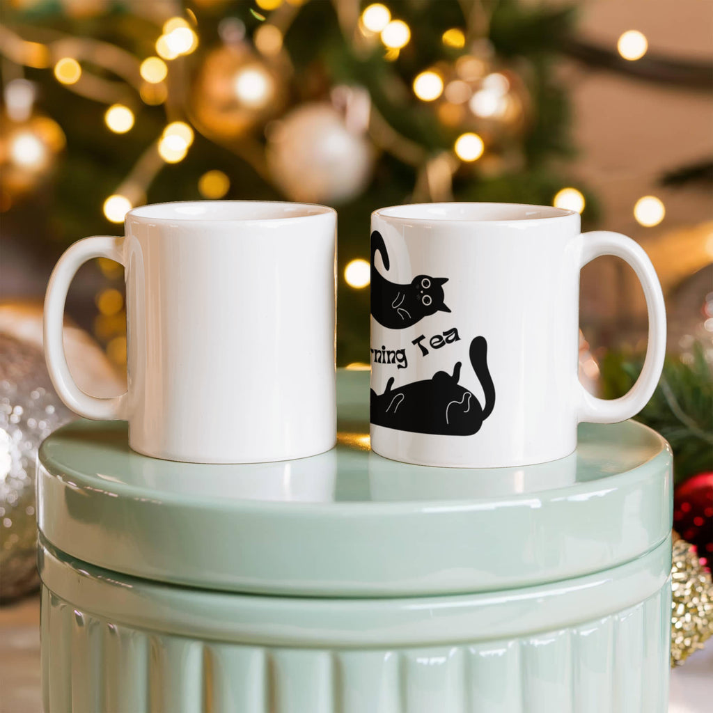 "Morning Tea" Black Cat Mug — Cute Stretching Cat Illustration Coffee Mug for Cat Lovers