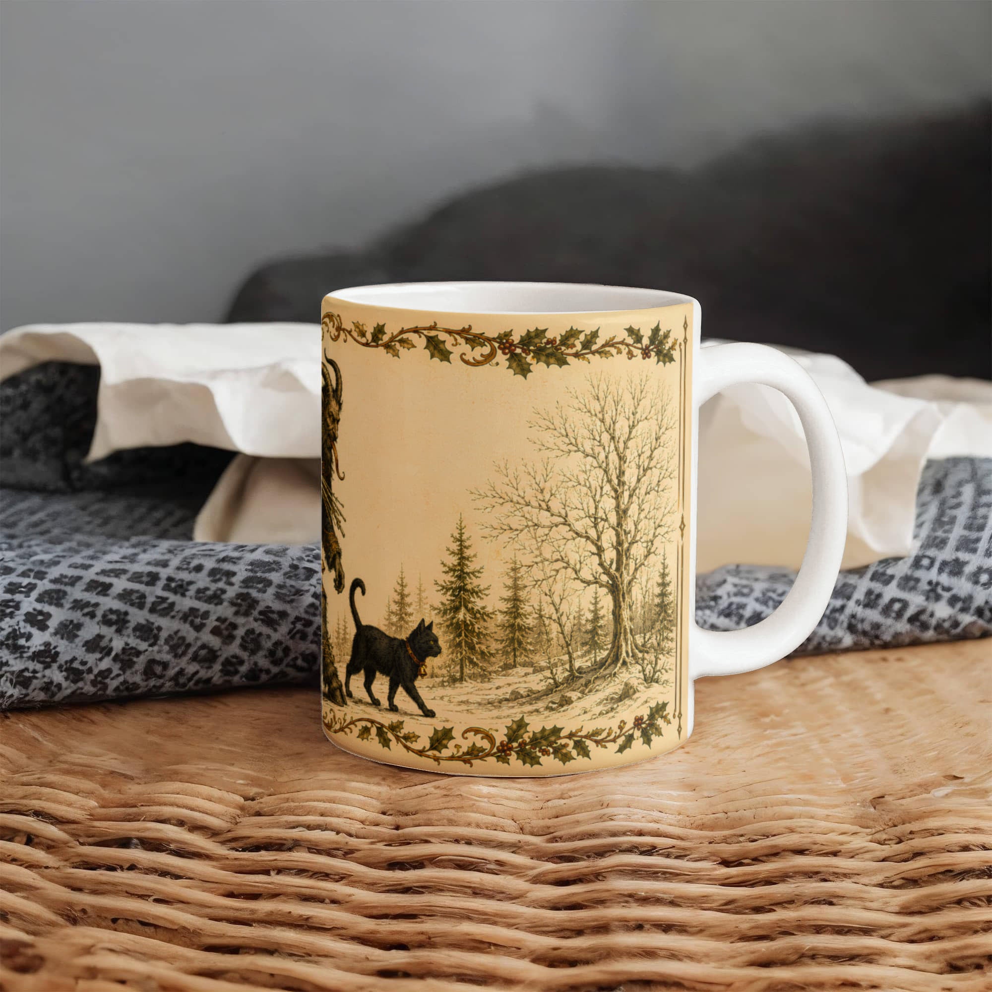 Krampus Mug, Black Cat Folklore Mug, Gothic Holiday Coffee Cup, Dark Academia Christmas Gift, Krampusnacht Illustration