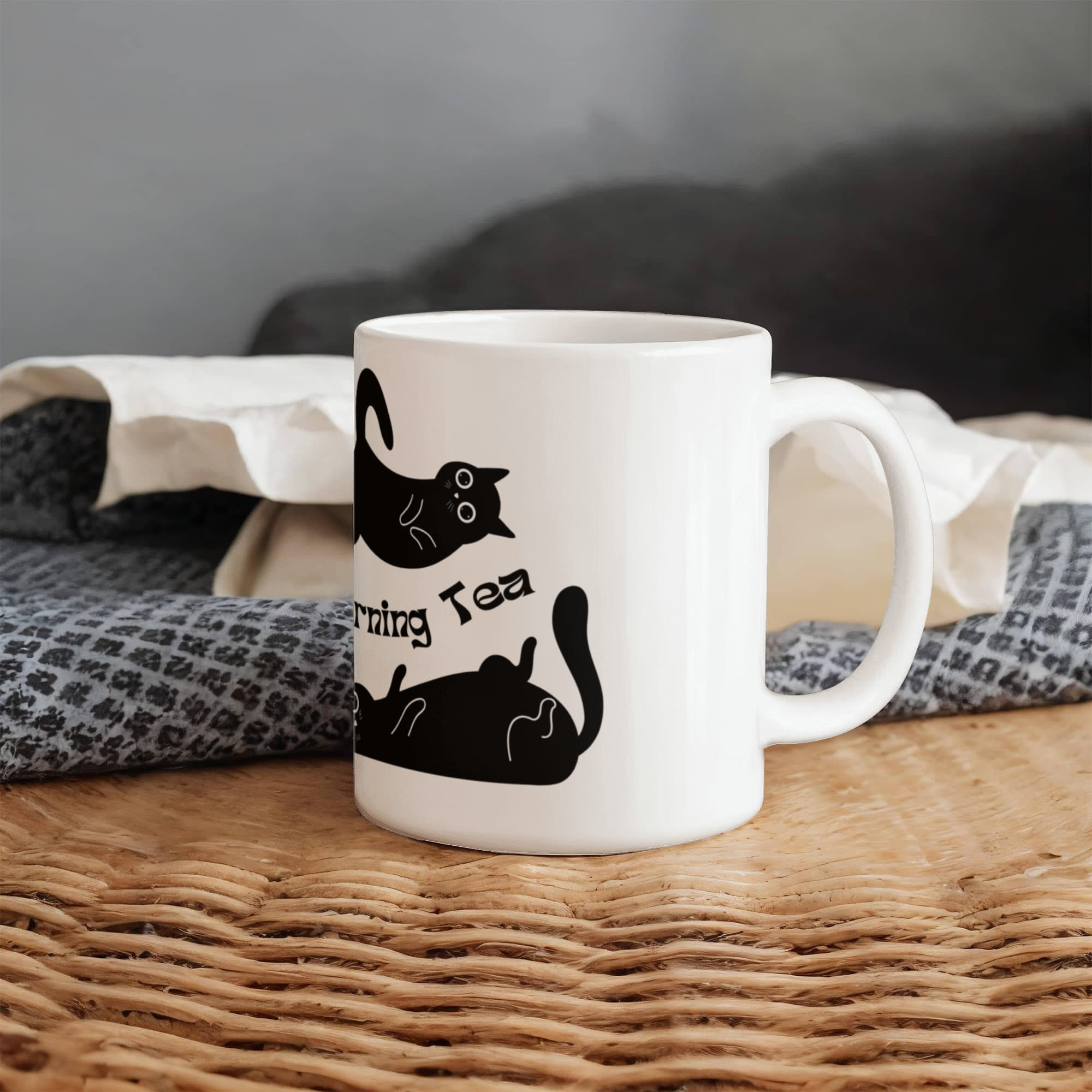 "Morning Tea" Black Cat Mug — Cute Stretching Cat Illustration Coffee Mug for Cat Lovers