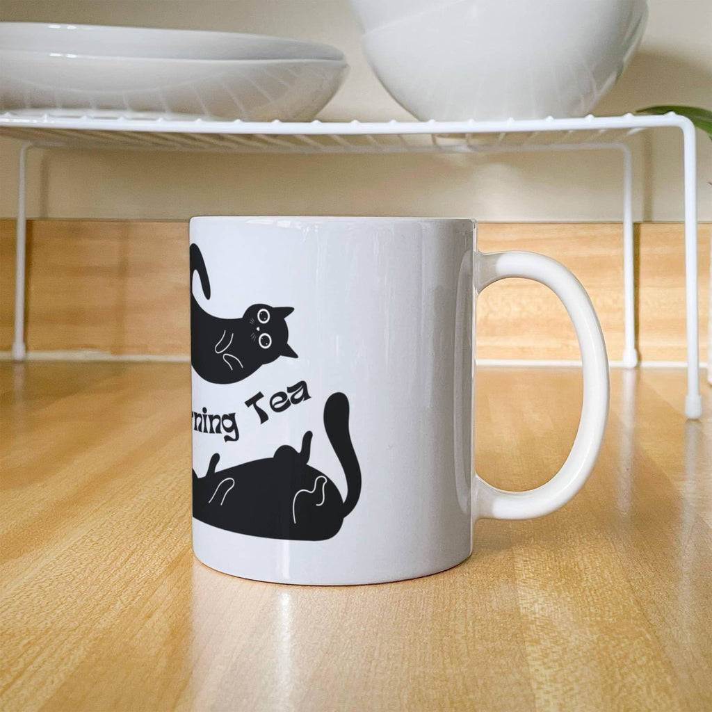 "Morning Tea" Black Cat Mug — Cute Stretching Cat Illustration Coffee Mug for Cat Lovers
