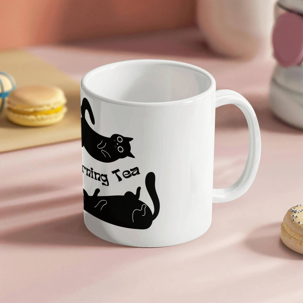 "Morning Tea" Black Cat Mug — Cute Stretching Cat Illustration Coffee Mug for Cat Lovers