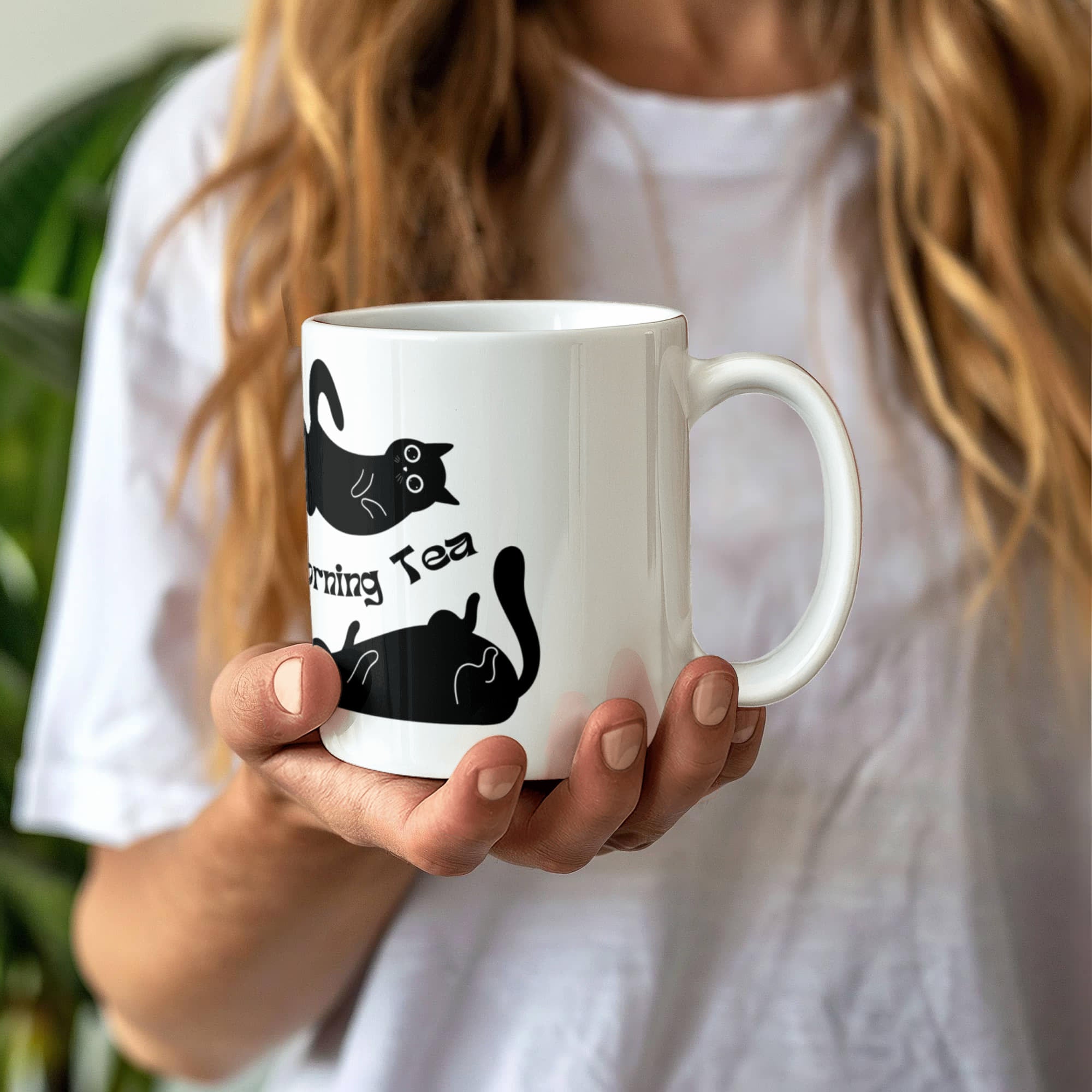 "Morning Tea" Black Cat Mug — Cute Stretching Cat Illustration Coffee Mug for Cat Lovers