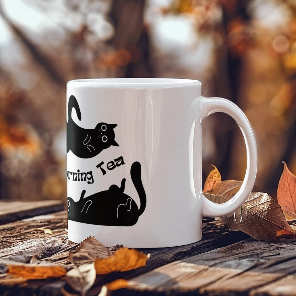 "Morning Tea" Black Cat Mug — Cute Stretching Cat Illustration Coffee Mug for Cat Lovers