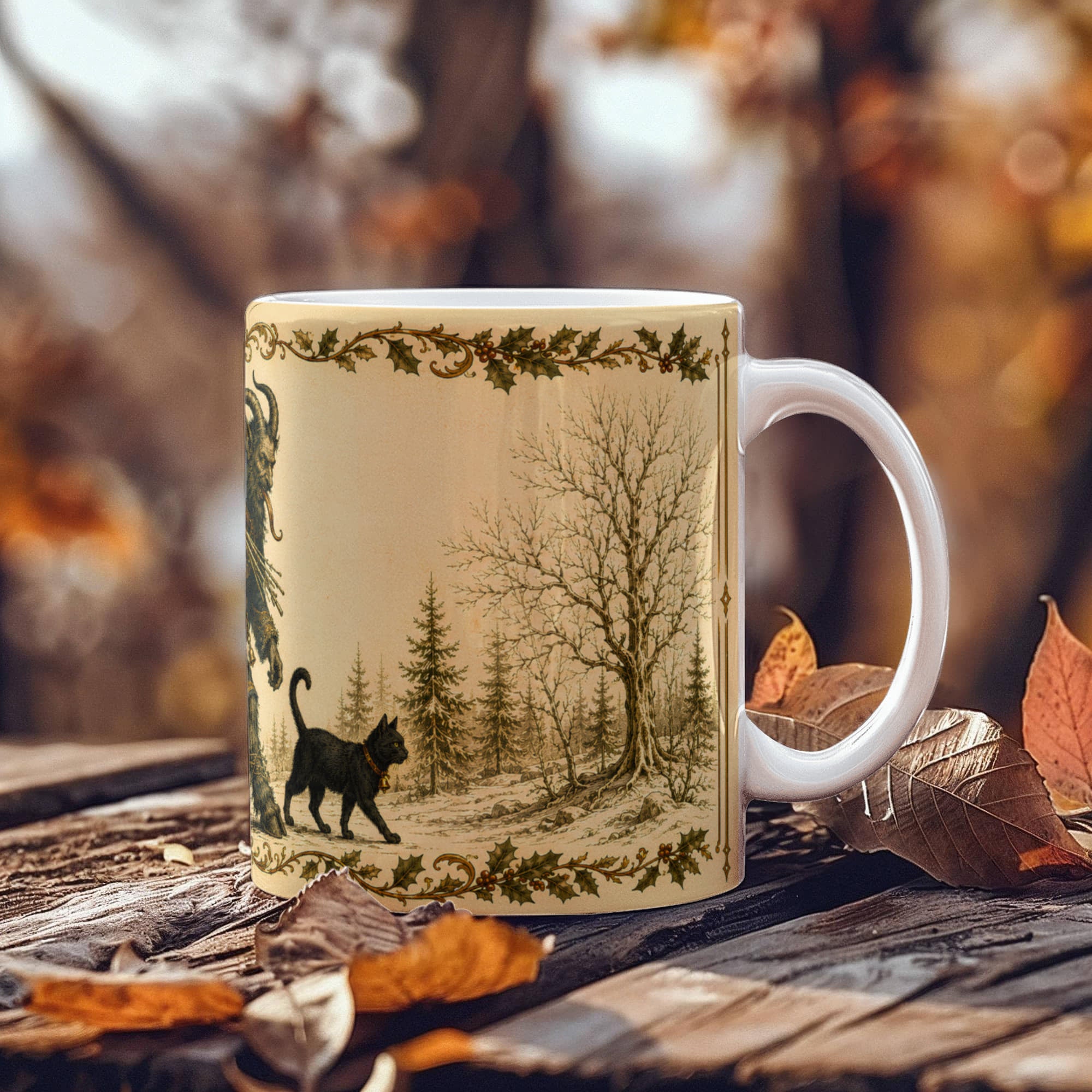 Krampus Mug, Black Cat Folklore Mug, Gothic Holiday Coffee Cup, Dark Academia Christmas Gift, Krampusnacht Illustration