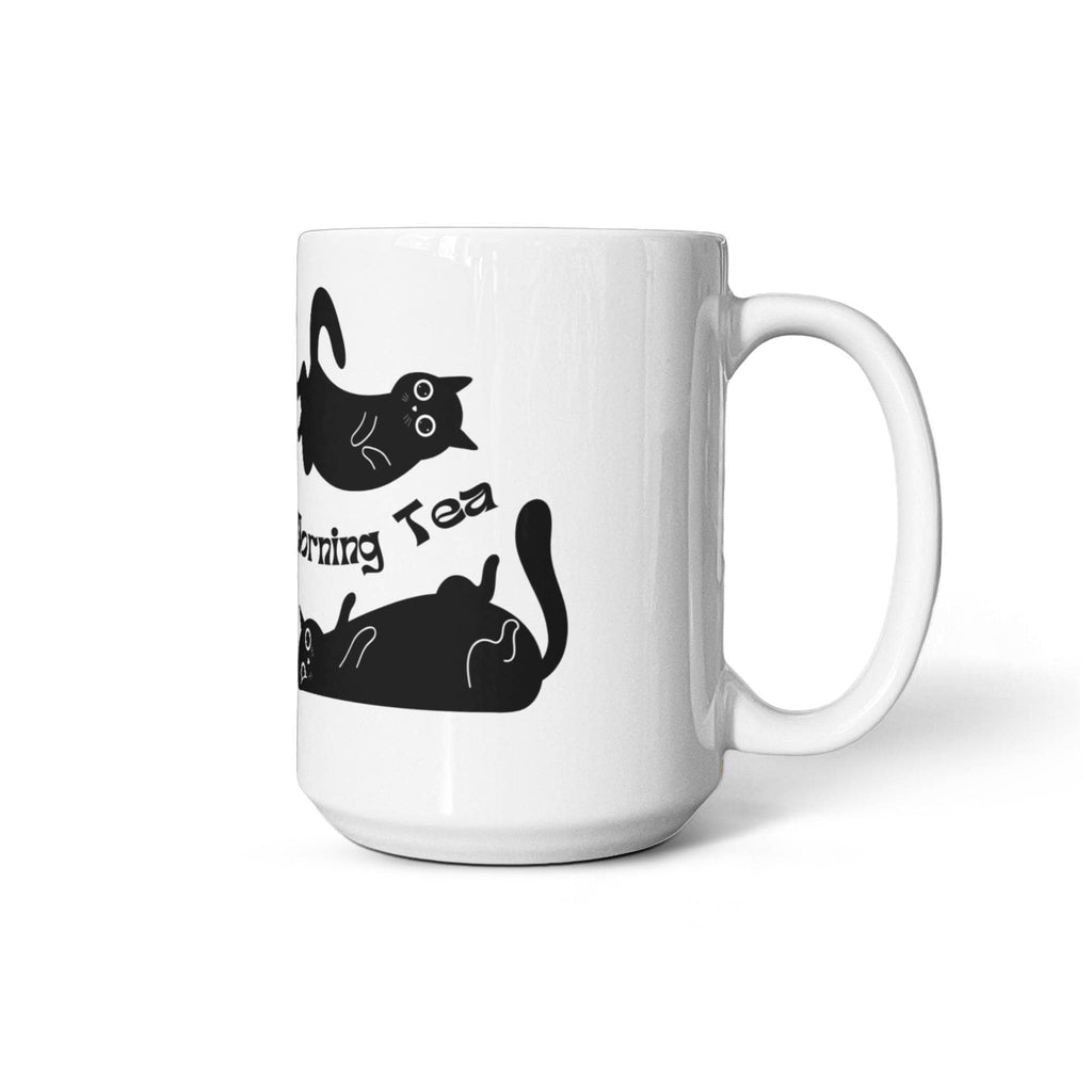 "Morning Tea" Black Cat Mug — Cute Stretching Cat Illustration Coffee Mug for Cat Lovers