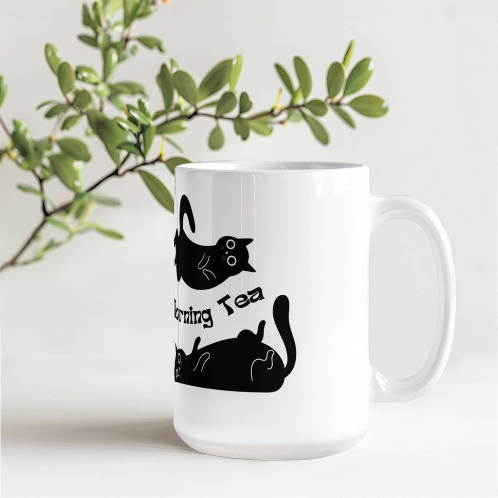 "Morning Tea" Black Cat Mug — Cute Stretching Cat Illustration Coffee Mug for Cat Lovers