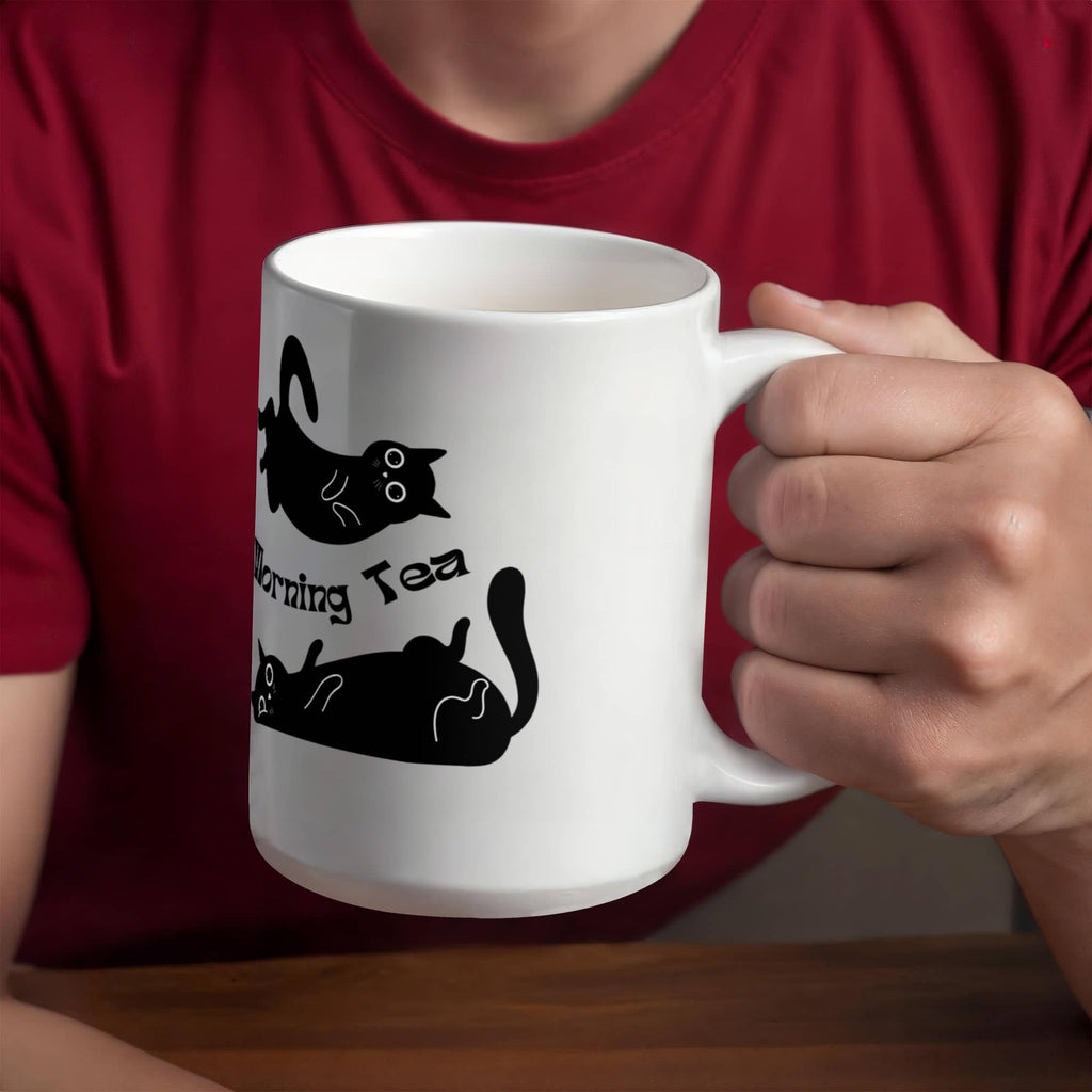 "Morning Tea" Black Cat Mug — Cute Stretching Cat Illustration Coffee Mug for Cat Lovers