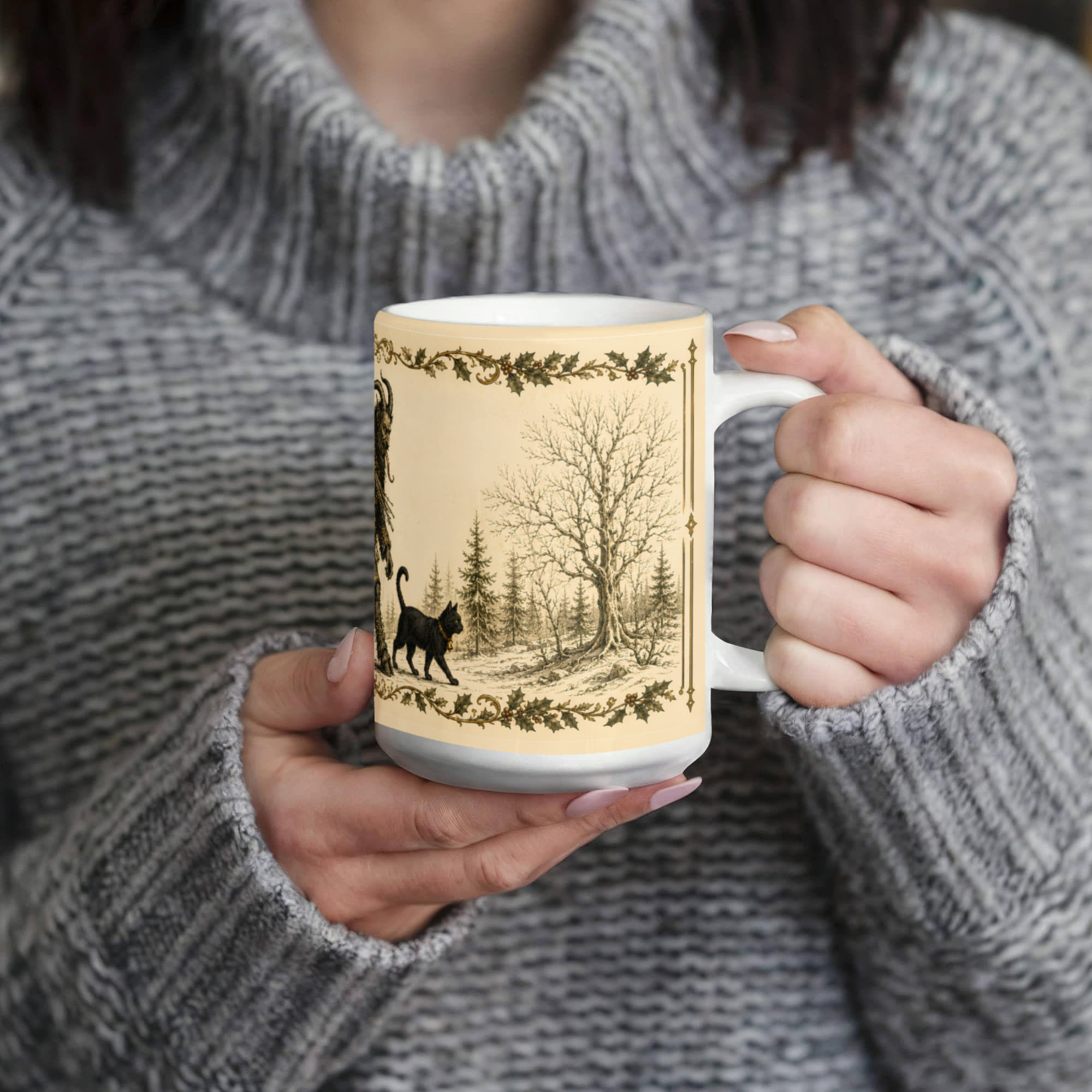 Krampus Mug, Black Cat Folklore Mug, Gothic Holiday Coffee Cup, Dark Academia Christmas Gift, Krampusnacht Illustration