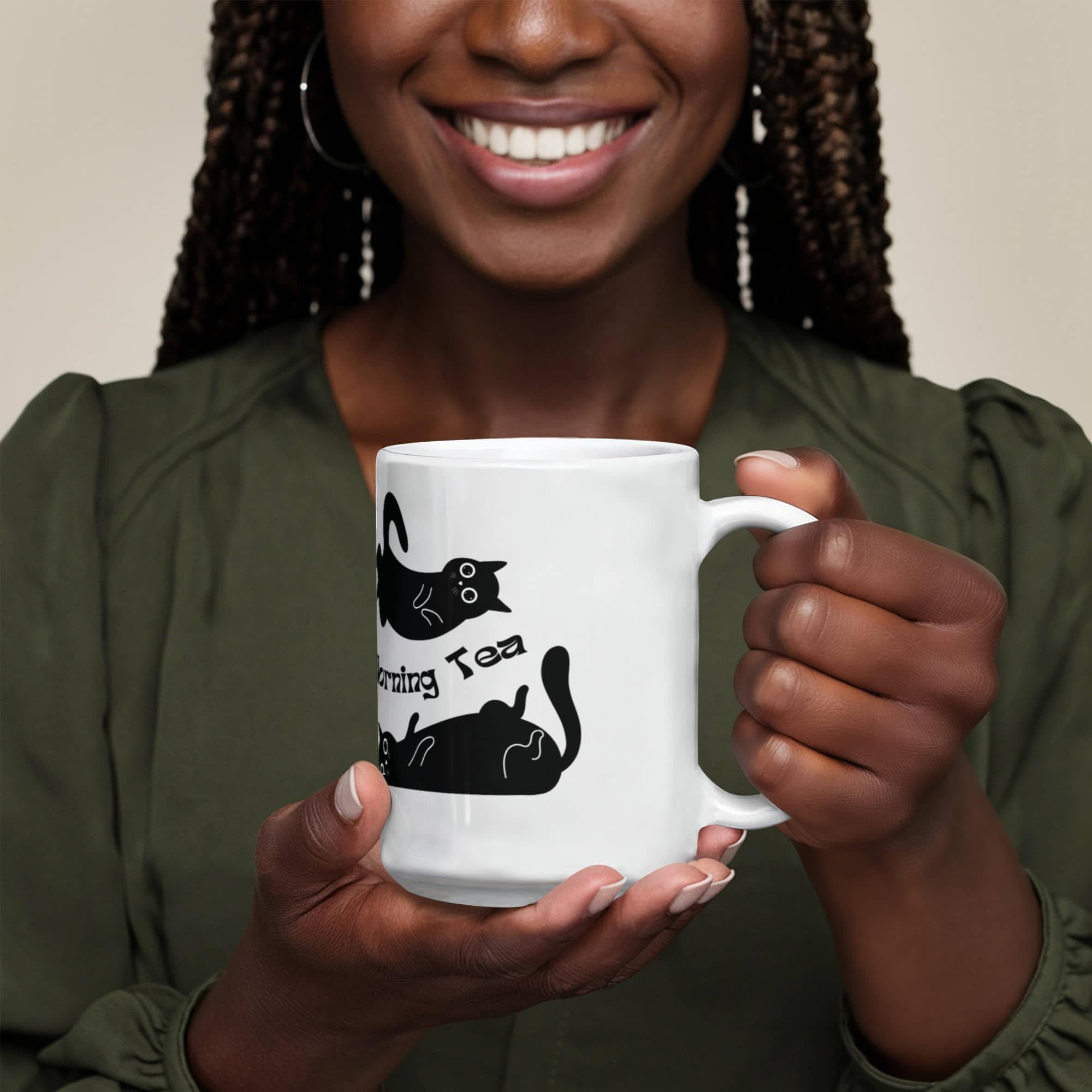 "Morning Tea" Black Cat Mug — Cute Stretching Cat Illustration Coffee Mug for Cat Lovers