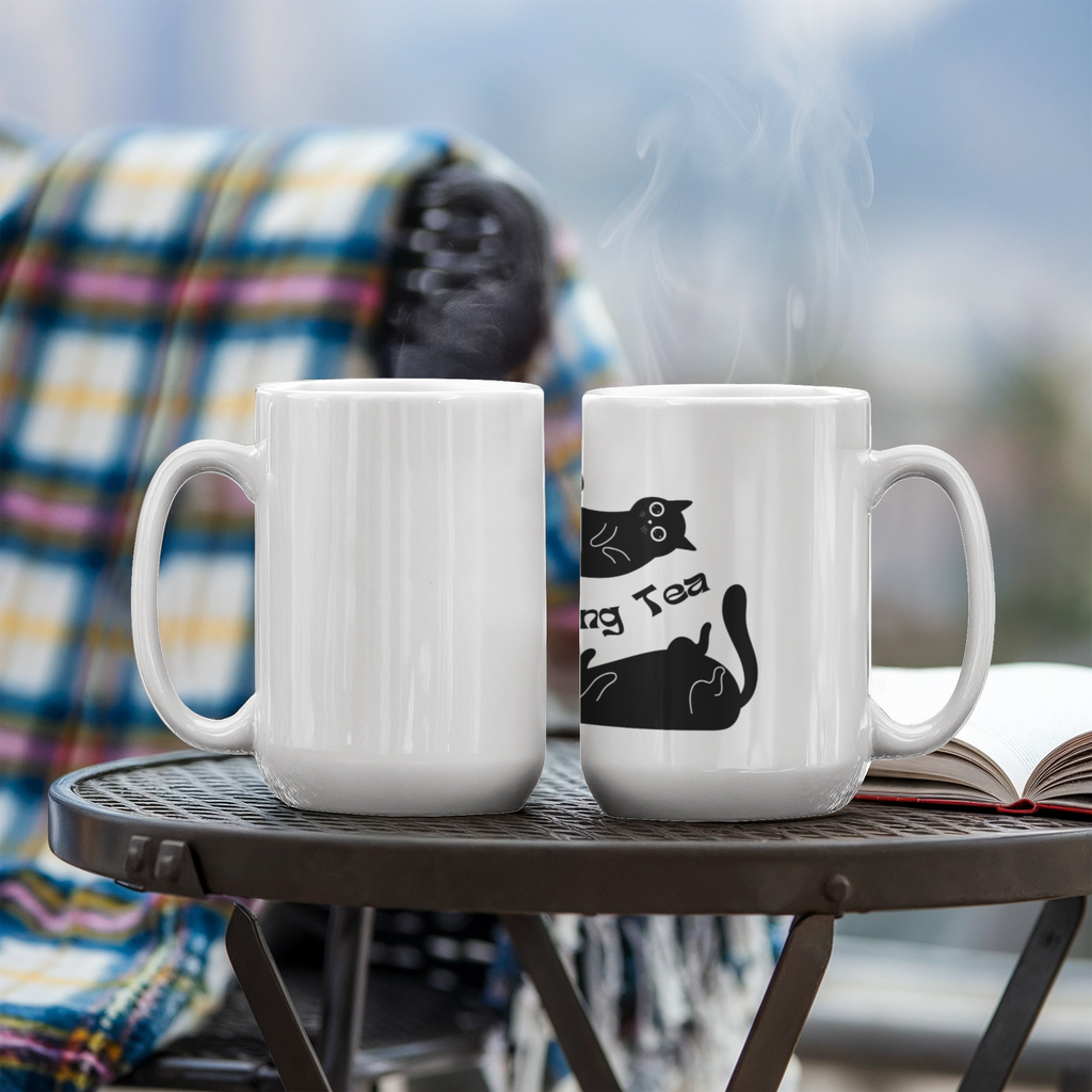 "Morning Tea" Black Cat Mug — Cute Stretching Cat Illustration Coffee Mug for Cat Lovers