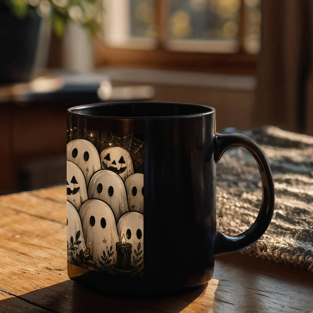 Cozy Gothic Gathering Mug | Cute Ghost & Black Cat Halloween Coffee Cup