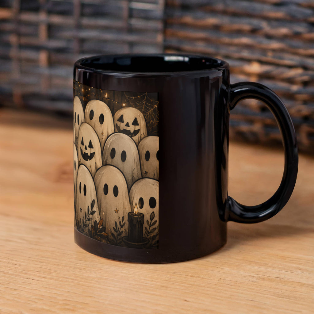 Cozy Gothic Gathering Mug | Cute Ghost & Black Cat Halloween Coffee Cup
