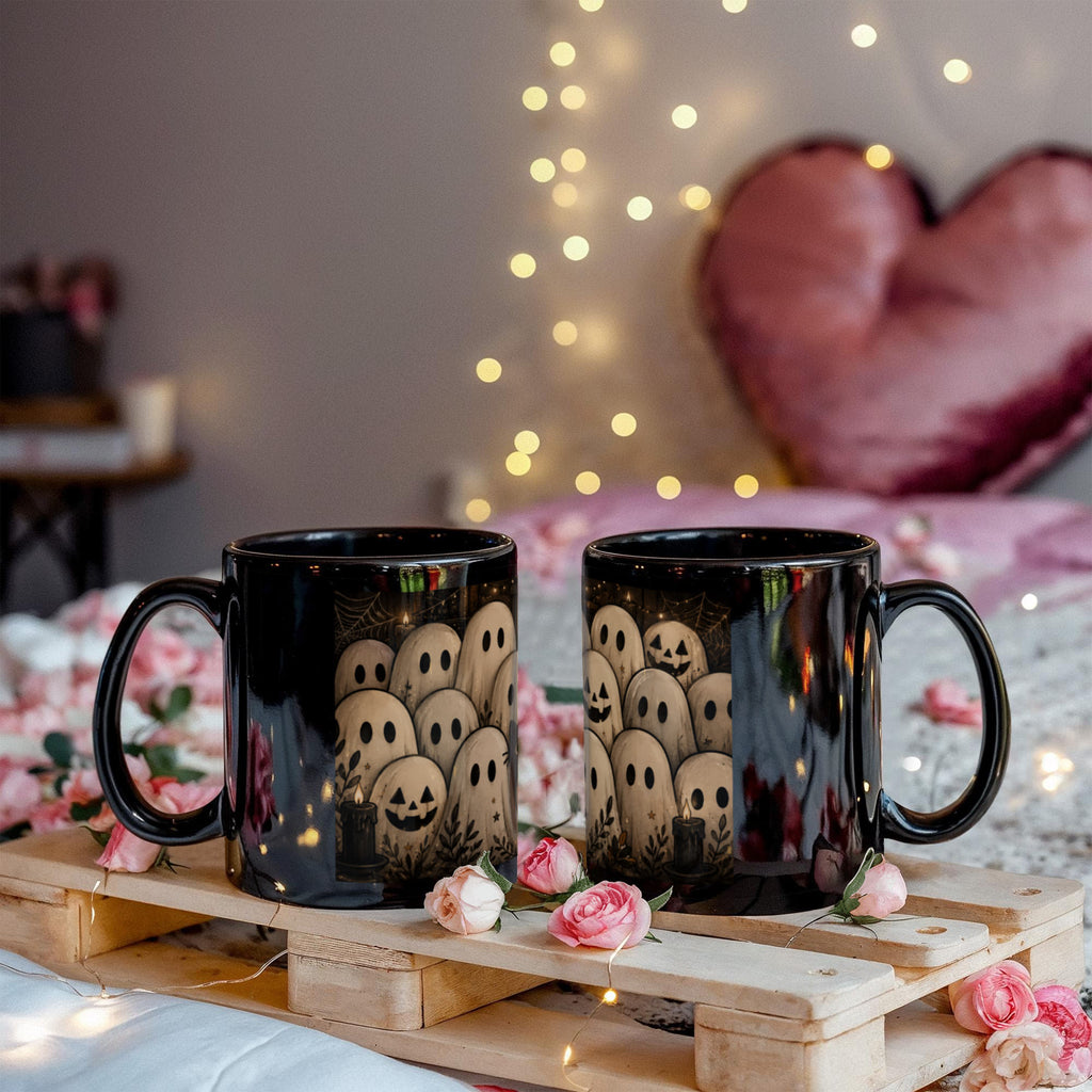 Cozy Gothic Gathering Mug | Cute Ghost & Black Cat Halloween Coffee Cup