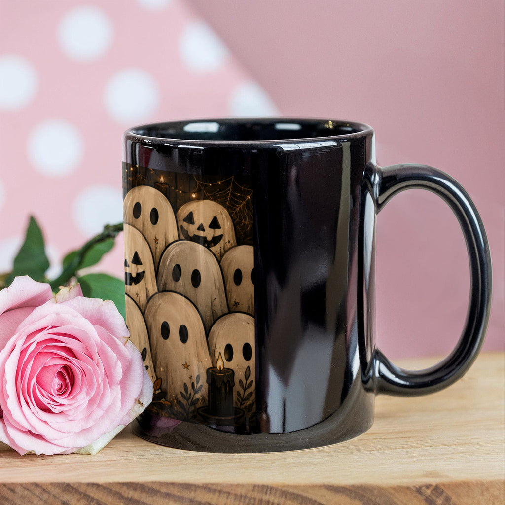 Cozy Gothic Gathering Mug | Cute Ghost & Black Cat Halloween Coffee Cup