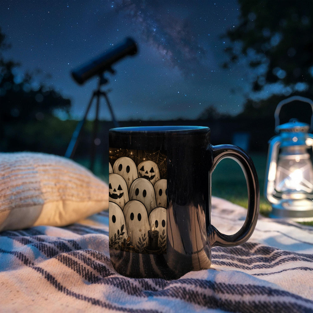 Cozy Gothic Gathering Mug | Cute Ghost & Black Cat Halloween Coffee Cup
