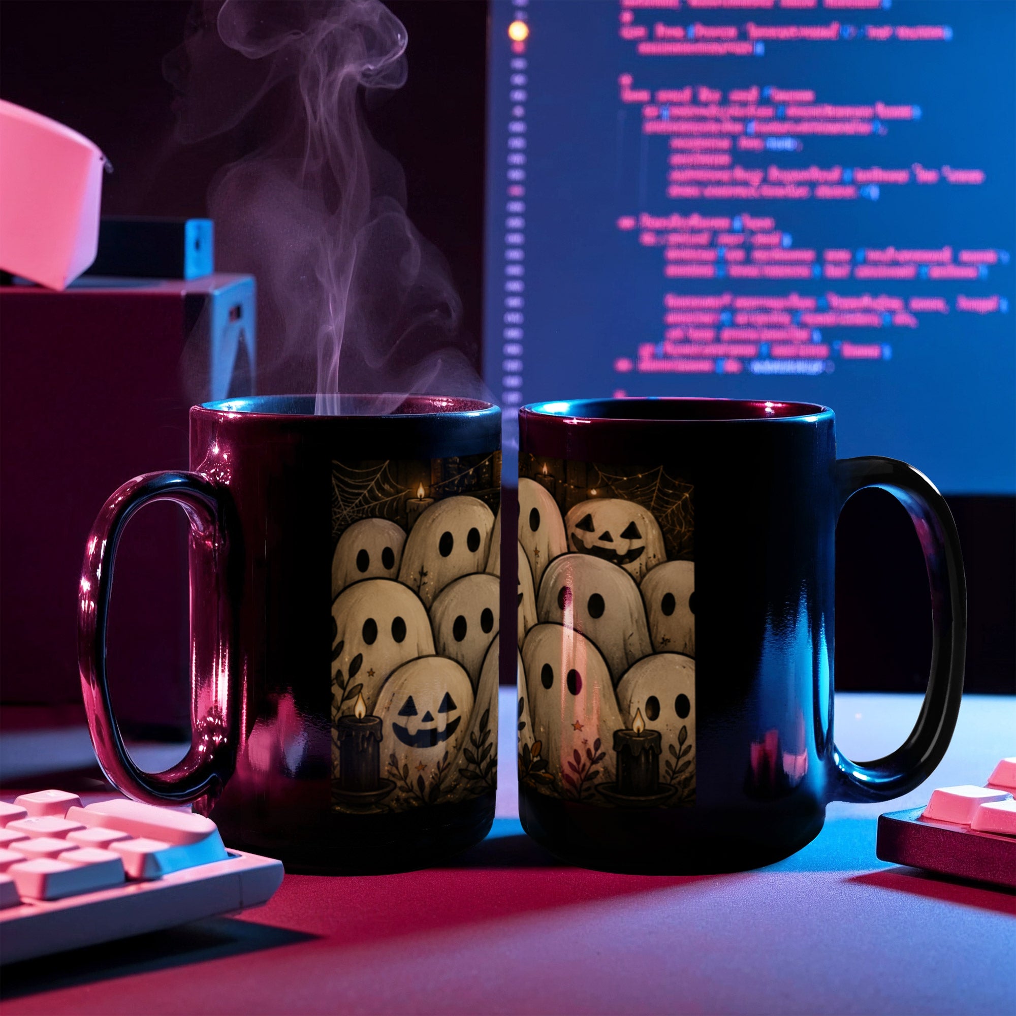 Cozy Gothic Gathering Mug | Cute Ghost & Black Cat Halloween Coffee Cup