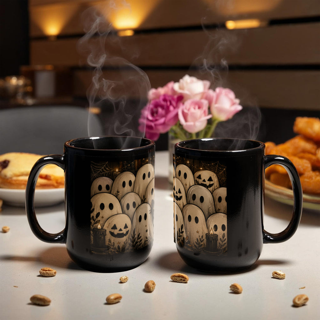 Cozy Gothic Gathering Mug | Cute Ghost & Black Cat Halloween Coffee Cup